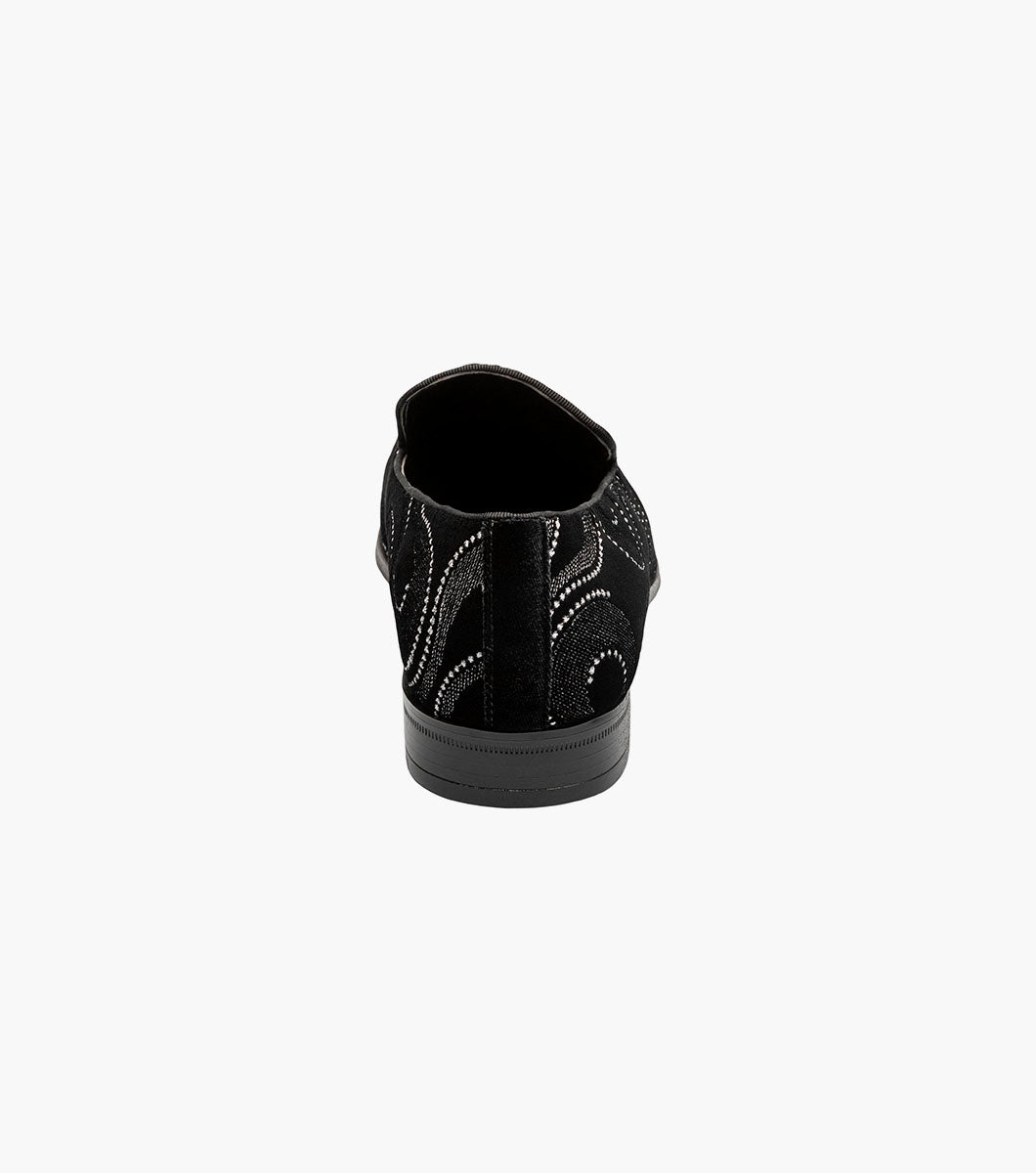 Stacy Adams SWAINSON Plain Toe Embroidered Slip On Black and Silver by Stacy Adams Shoes