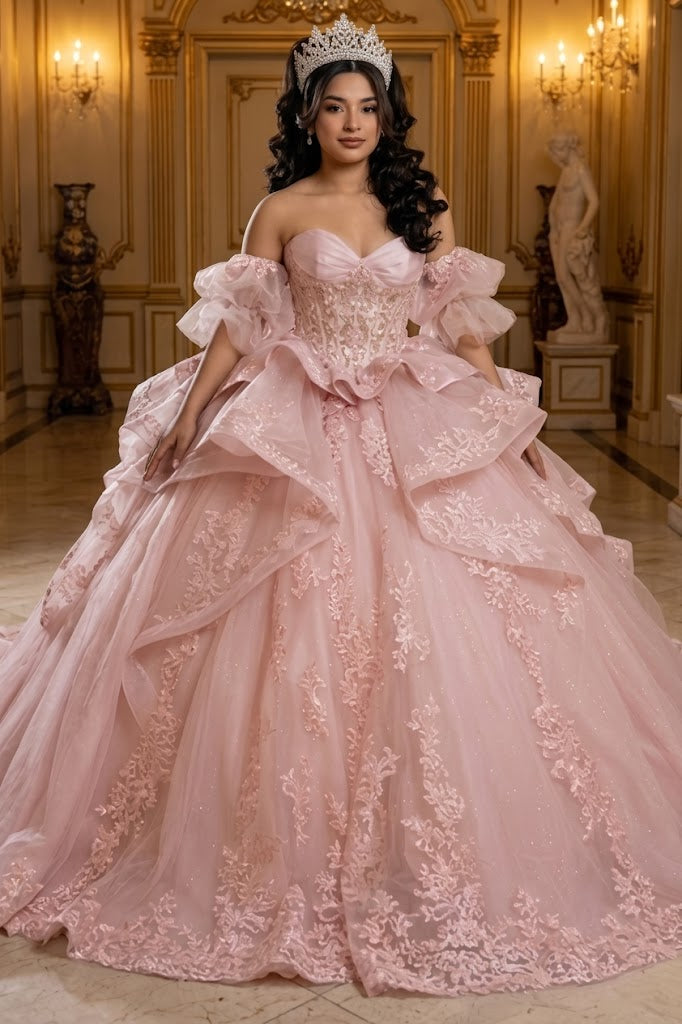 Quinceañera Ball Gown with Corset Bodice 3D Lace Appliqués & Detachable Train By Layla K LK289