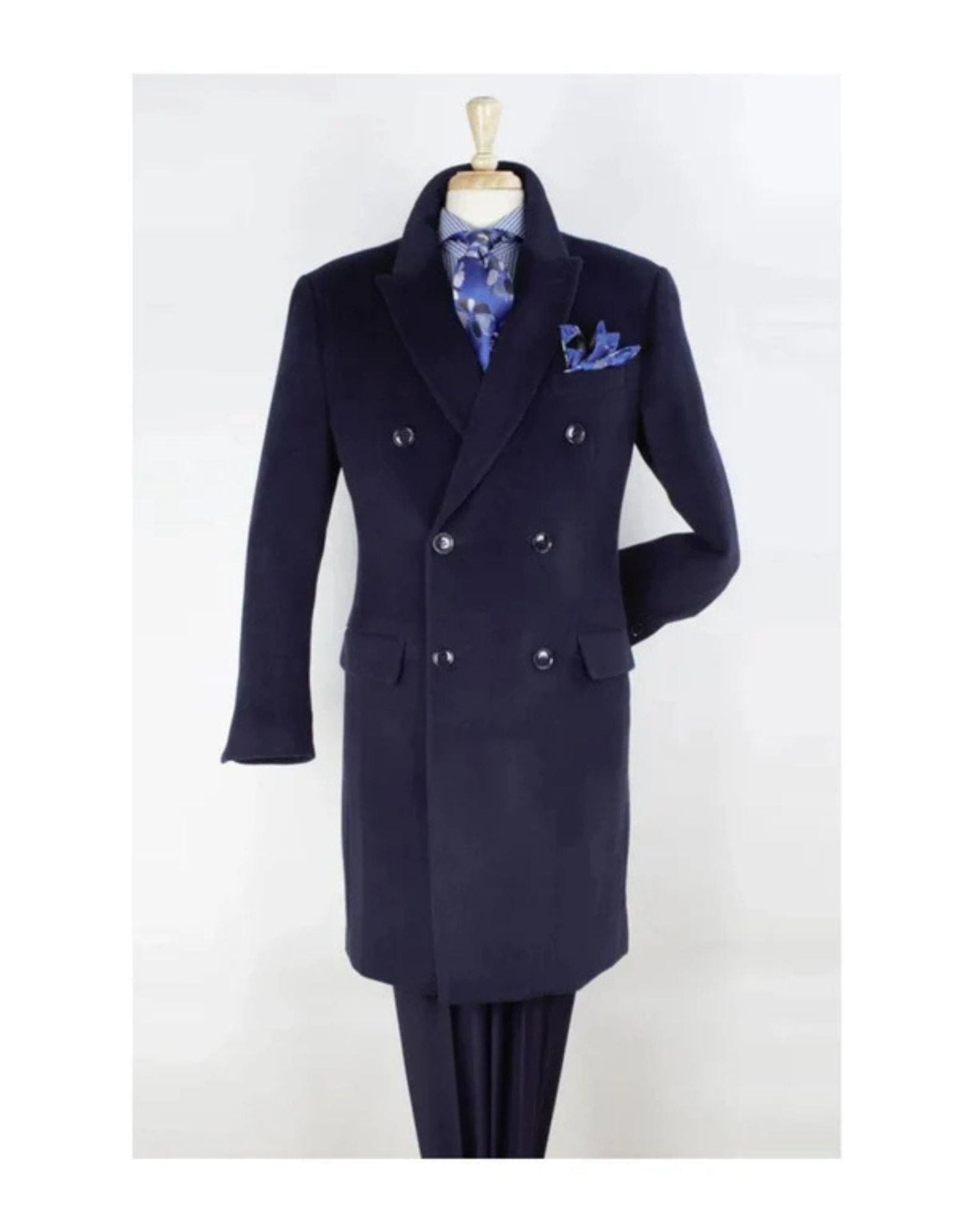 "Men's Navy Wool Peacoat  Double Breasted 3/4 Length Overcoat"