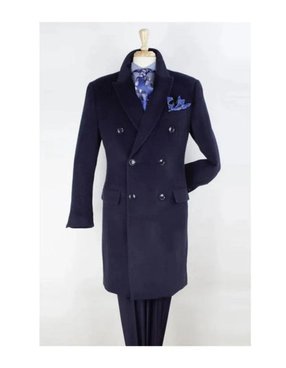 "Men's Navy Wool Peacoat  Double Breasted 3/4 Length Overcoat"