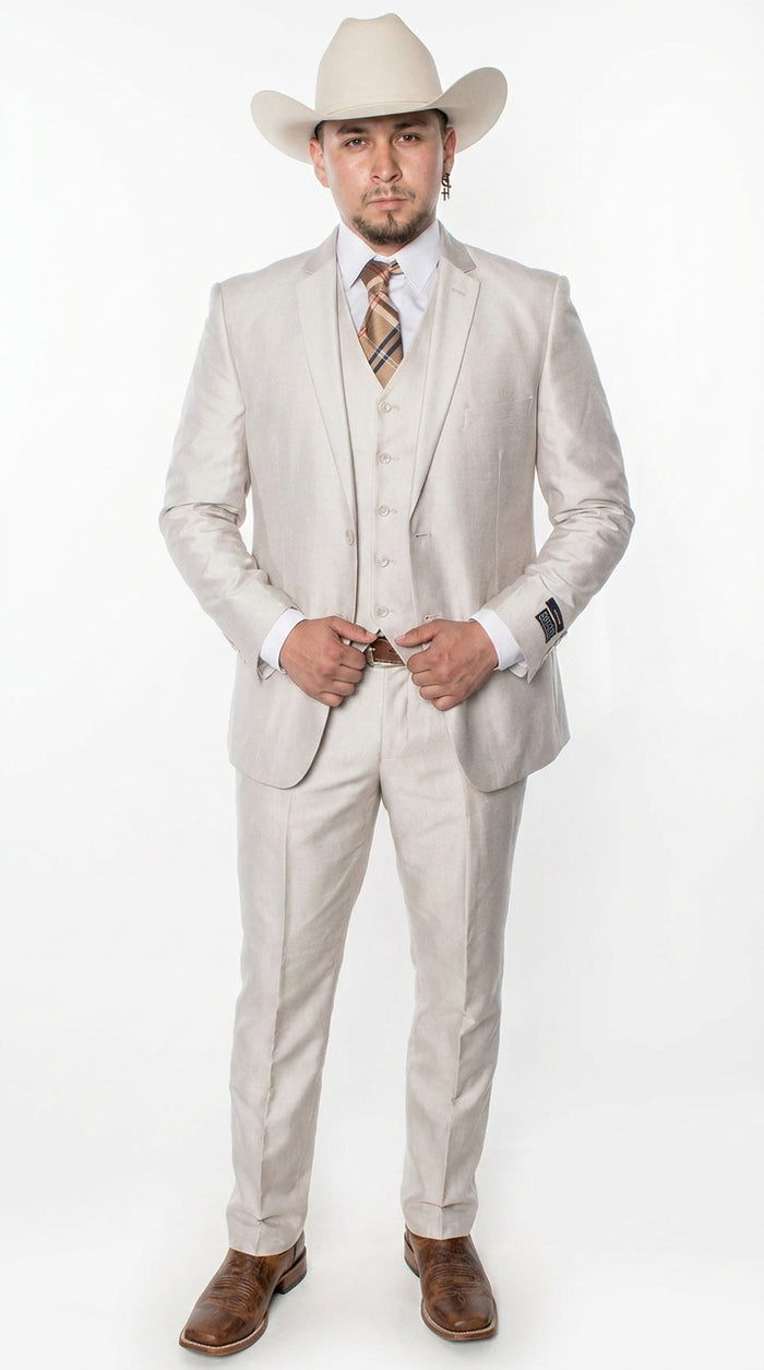 Men’s Sand champaign  Western Cowboy 3-Piece Suit – Light Cream Wedding Suit with Vest & Pants Slim Fitted