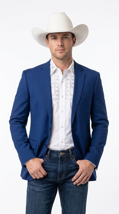 Men’s Dark Royal Blue Western Blazer – Cowboy Sport Coat Jacket with Two-Button Front Saphire Indigo Cobalt Blue