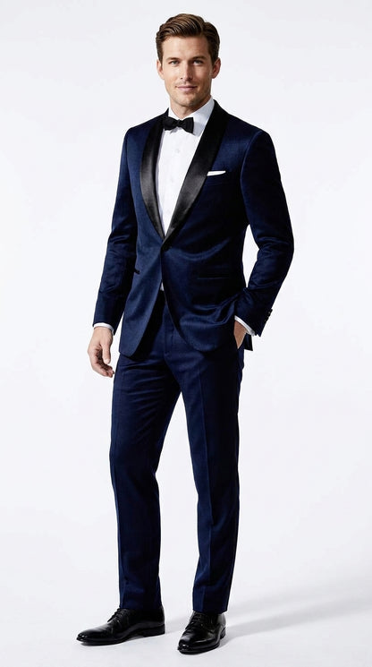 Men’s James Bond Inspired Navy Blue Tuxedo – Black Shawl Lapel Wedding & Prom Suit