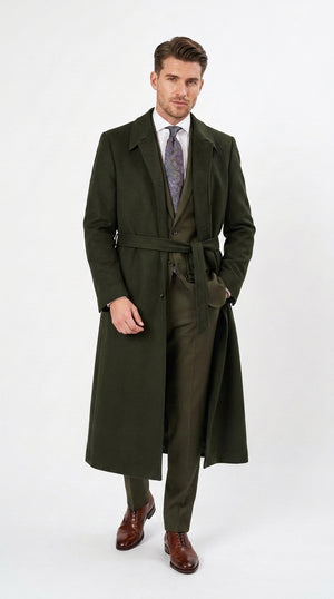 Men’s Blade Runner K Inspired Olive Green Wool Duster Coat – Long Vintage Sci-Fi Overcoat