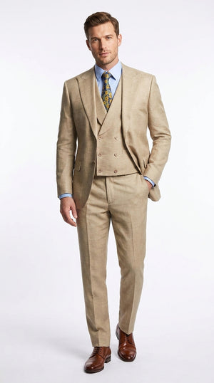 Men’s Great Gatsby Tan Summer Sharkskin 3 Piece – Double Breasted Vest Classic 1920s Groosmen Suit