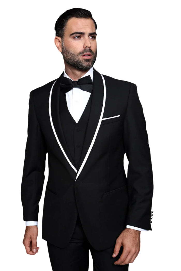 3-Piece Tailored Fit Wool Suit with Bow Tie and Flat Front Pants - Black