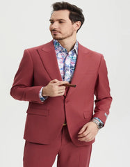 Men's One Button Peak Lapel Side Vent Flat Front Pant Suit in Coral Blush Pink