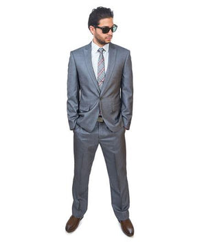 1 Button Peak Lapel Slim Fit Men Textured Suit Flat Front Pant Grey