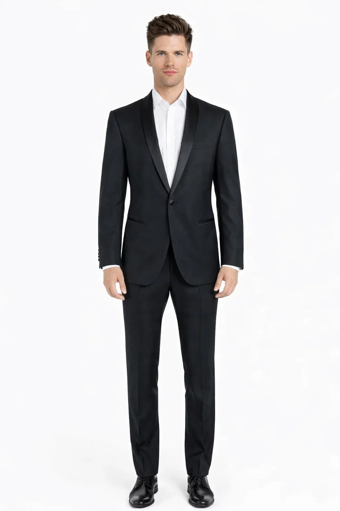 1 Button Designer Shawl Tuxedo in Black - Mens Slim Fitted Tuxedo
