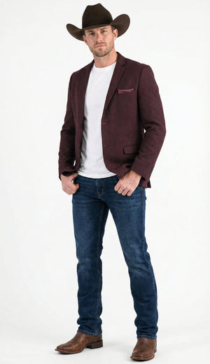 Men’s Burgundy Western  Blazer Jacket, Textured Cowboy Style Sport Coat for  - Tweed Herringbone Maroon Colo