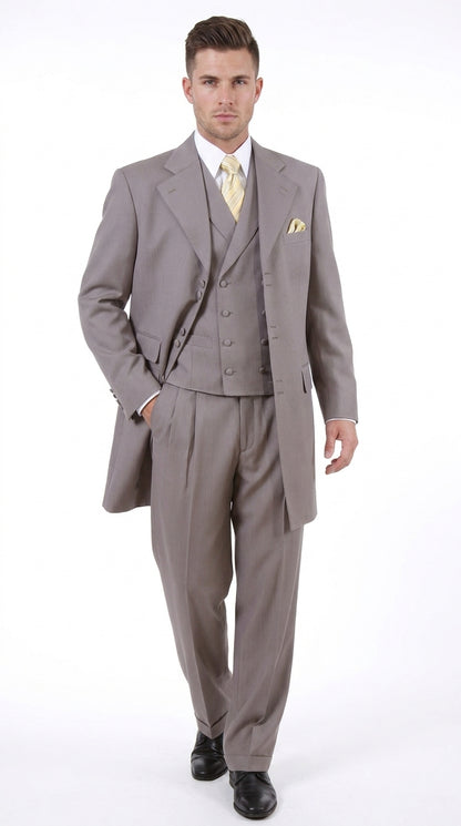 Men’s Light Kahki Sand 3-Piece Suit – Six-Button Jacket with Double-Breasted Vest and Pleated Pants Tan Color