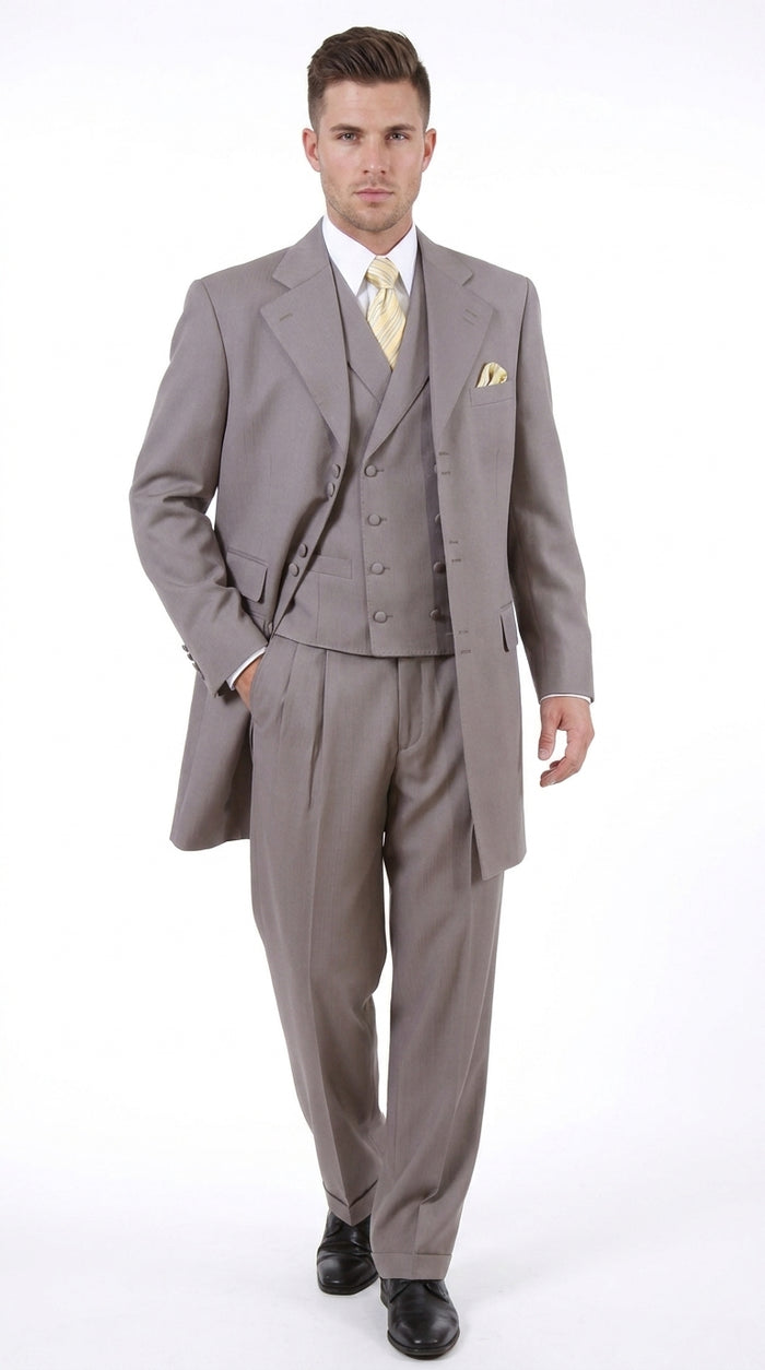 Men’s Light Kahki Sand 3-Piece Suit – Six-Button Jacket with Double-Breasted Vest and Pleated Pants Tan Color