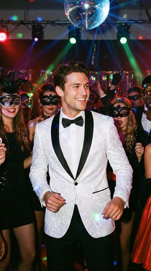 Men’s White Dinner Jacket Disco Blazer 1980s Sequin Style Jacket – Black Lapel Party Blazer, Formal Masquerade Club Wear Paisley Fabric + Bowtie