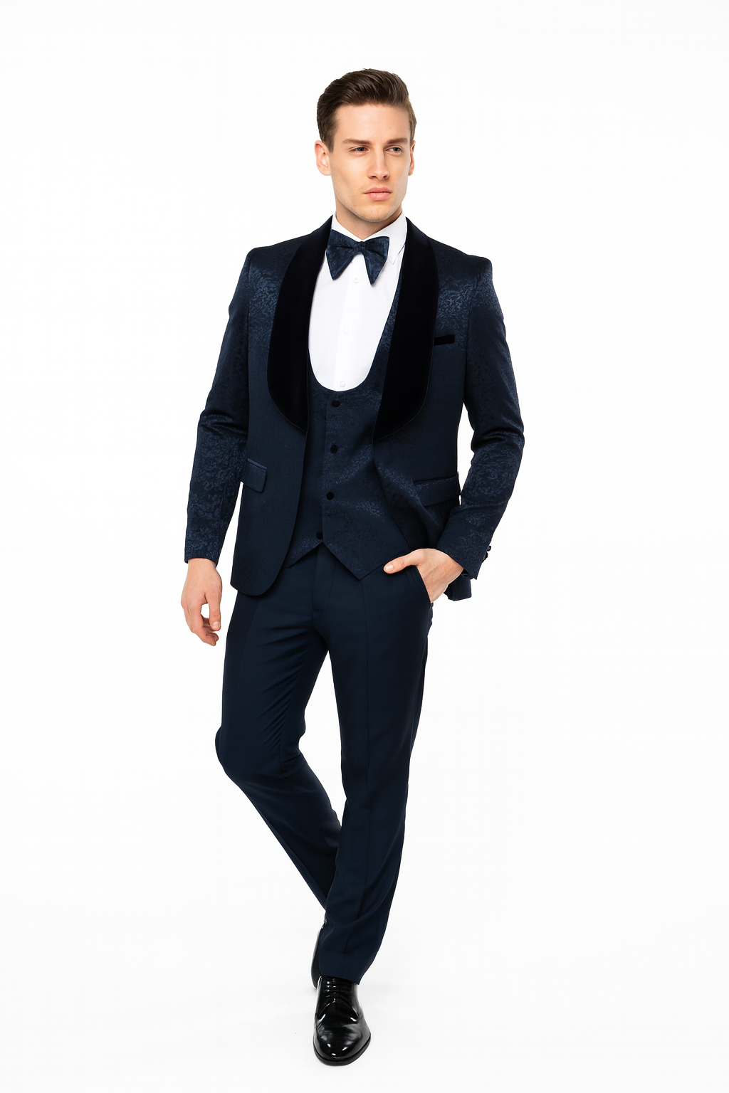 Mens Navy Blue Jacquard Tuxedo with Black Velvet Shawl Lapel  3 Piece Formal Suit with Bow Tie