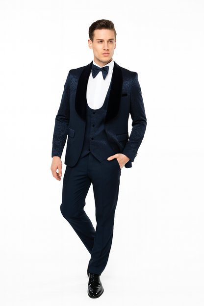 Mens Navy Blue Jacquard Tuxedo with Black Velvet Shawl Lapel  3 Piece Formal Suit with Bow Tie