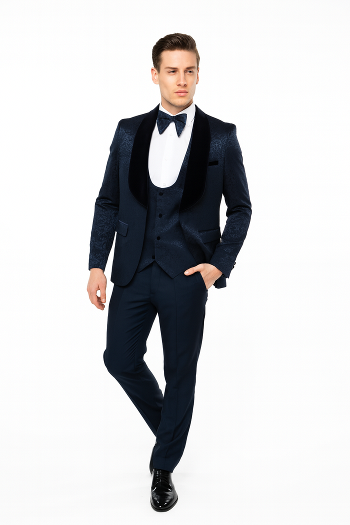 Mens Navy Blue Jacquard Tuxedo with Black Velvet Shawl Lapel  3 Piece Formal Suit with Bow Tie