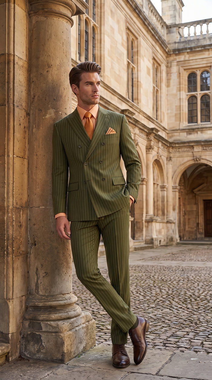 Men’s Olive Green Pinstripe Double-Breasted Suit – Classic Wedding, Business and Formal Suit