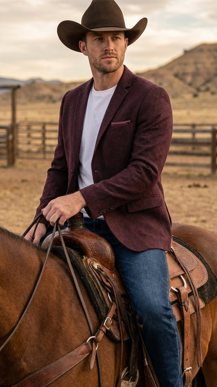 Men’s Burgundy Western  Blazer Jacket, Textured Cowboy Style Sport Coat for  - Tweed Herringbone Maroon Colo