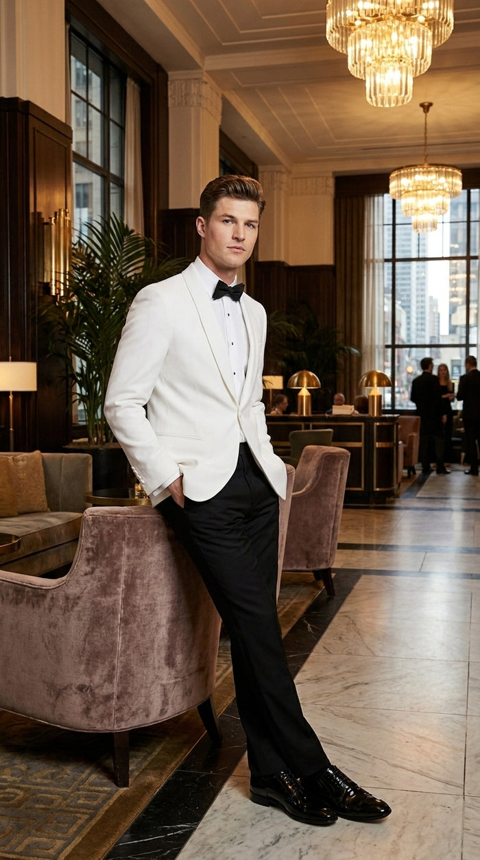 Men’s uniform White Dinner Jacket Tuxedo – Classic White Formal Tuxedo Jacket with Black Pants for Wedding, Prom & Black Tie Events