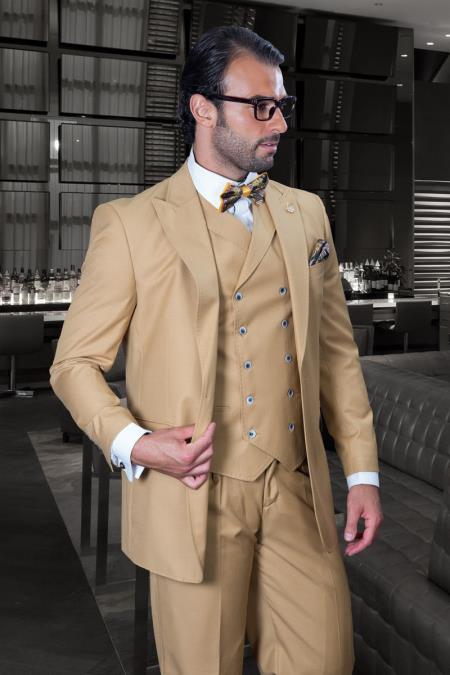 Men’s Camel 100% Wool 3-Piece Suit – One-Button Notch Lapel Suit with Double-Breasted Vest and Wide-Leg Pants