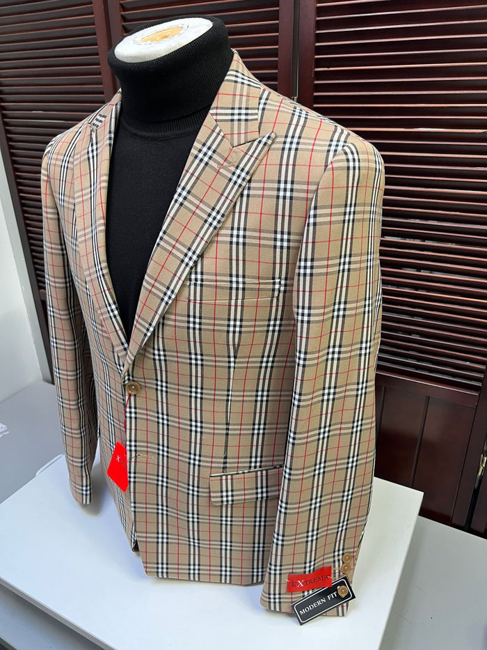 Classic Beige Checkered Blazer  Tan Plaid Sport Coat - Camel Windowpane Pattern