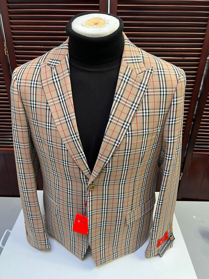 Classic Beige Checkered Blazer  Tan Plaid Sport Coat - Camel Windowpane Pattern