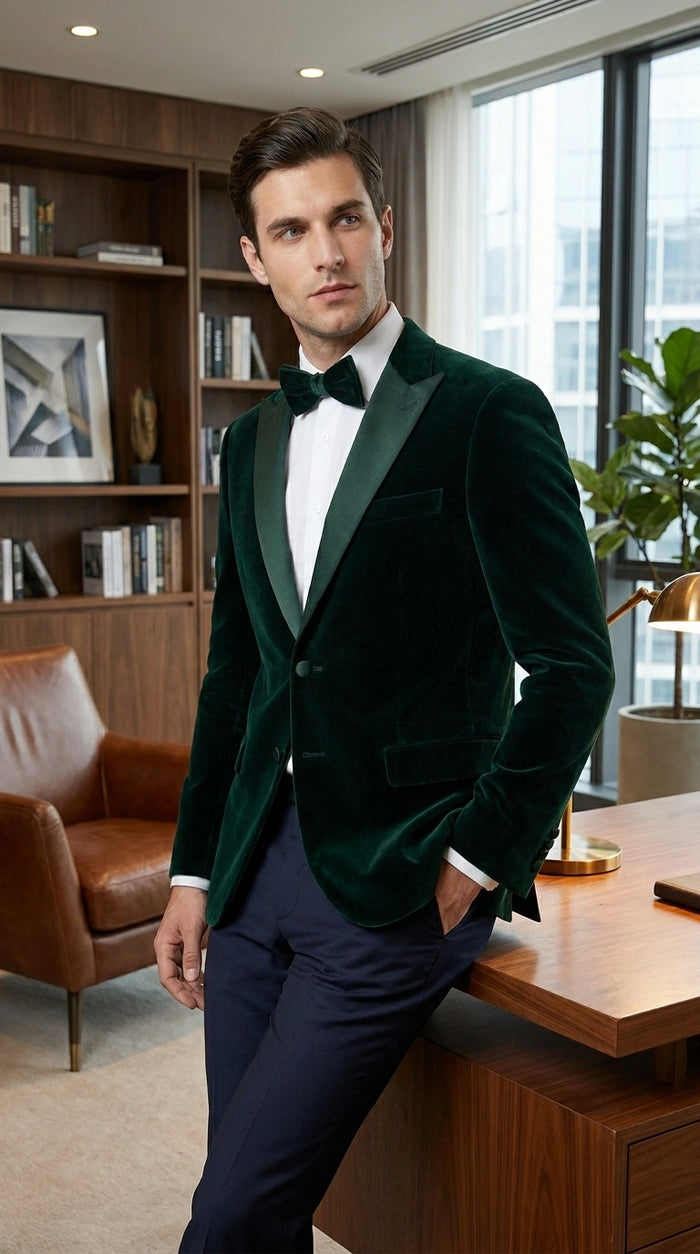 Men’s Hunter Green Velvet Tuxedo Jacket with Peak Lapel, Formal Wedding Prom Dinner Blazer