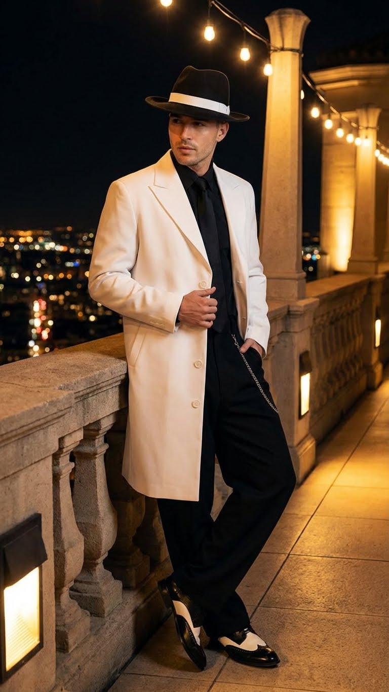 Men’s White Zoot Suit Gangster Style Outfit –  White Jacket + Vest + Pants + Shirt & Tie  Combo Package