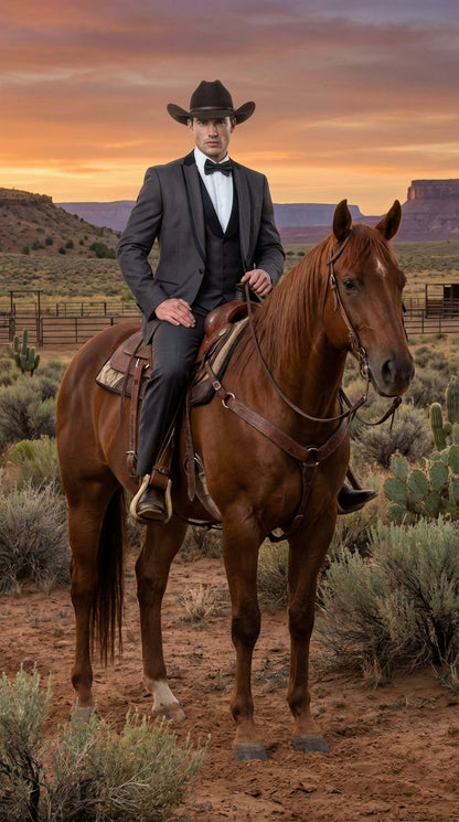 Charcoal Gray Western Tuxedo for Men | Classic Three Piece Formal Wedding and Evening Cowboy Tuxedo Suit With Trim Peak Lapel