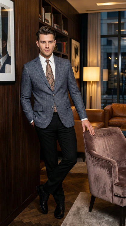 Men’s Charcoal Gray Windowpane Check Blazer – Classic Two Button Formal Sport Coat Jacket