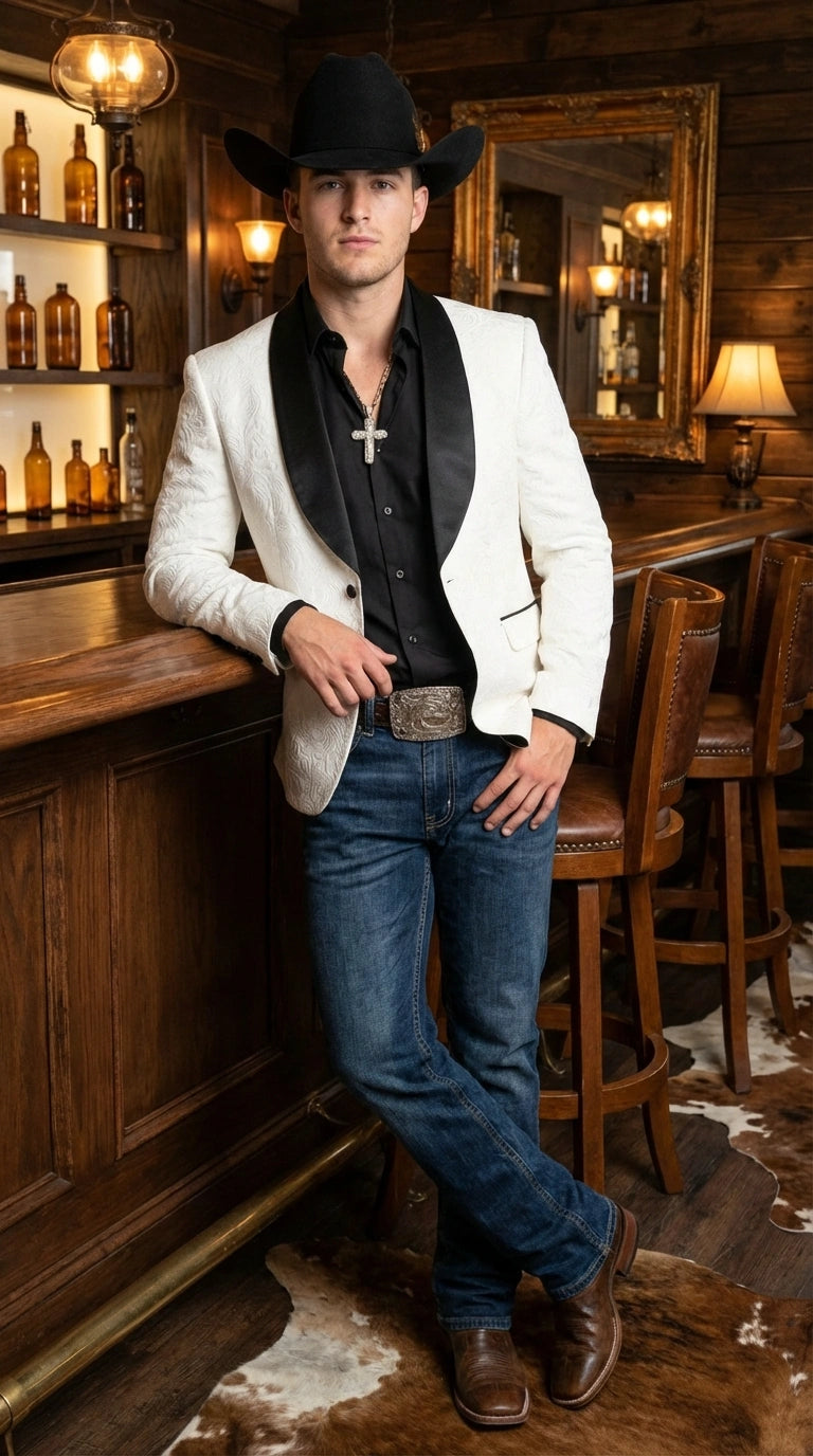 Men’s White Cowboy Blazer with Black Shawl Lapel – Western Formal Jacket for Wedding and Special Events