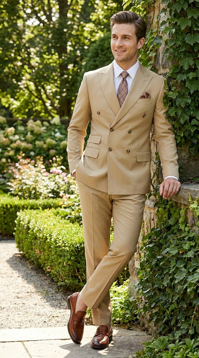 Mens Designer Modern Fit Double Breasted Designer Camel Gold Buttons Suit