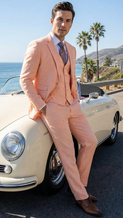 Men’s Light Peach 3 Piece Suit Set with Vest, Prom Wedding Dress Suit