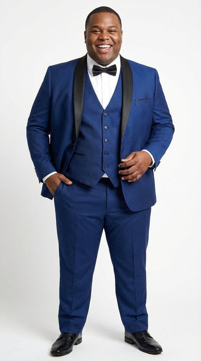 Men’s Shiny Sharkskin Saphire Royal Blue Tuxedo 3 Piece Suit with Black Shawl Lapel | Formal Wedding Prom Suit Shiny Fabric