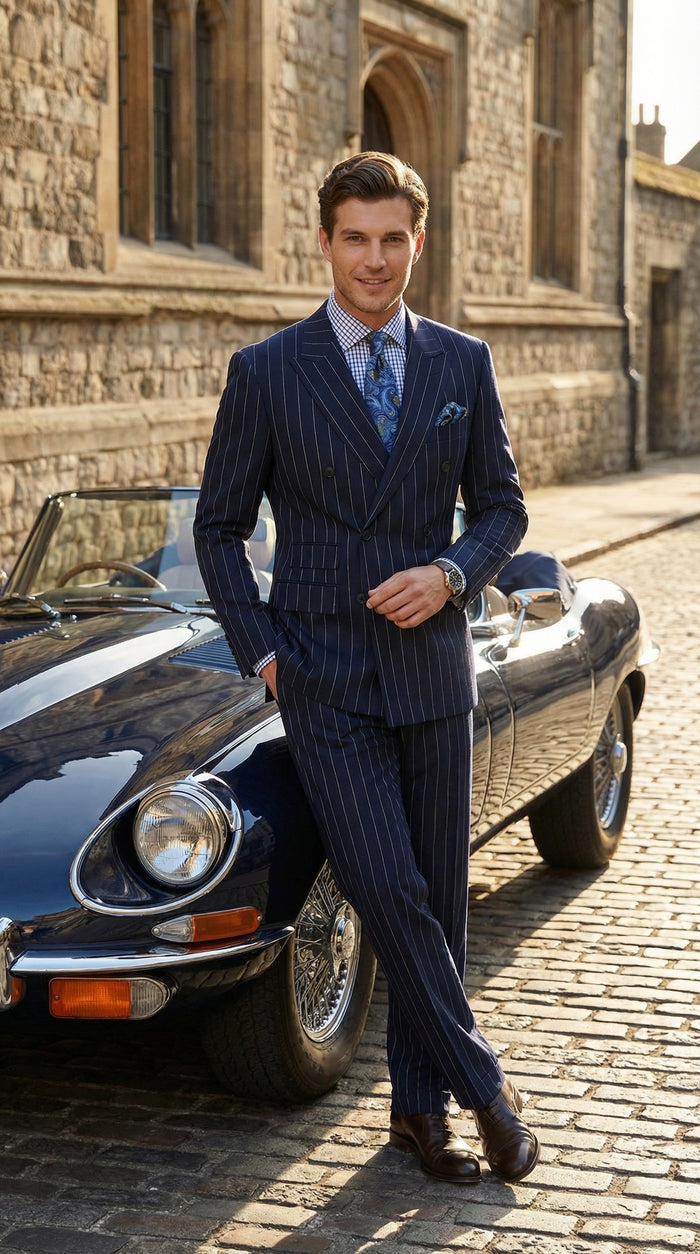 Men's Navy Blue Double Breasted Pinstripe Suit – Modern Fit By
