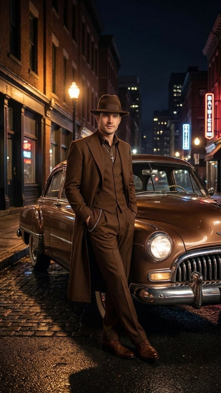 Mens Brown 1920s Zoot Suit  Long Gangster Mafia Suit Vintage Three-Piece Costume Set Pachuco Style