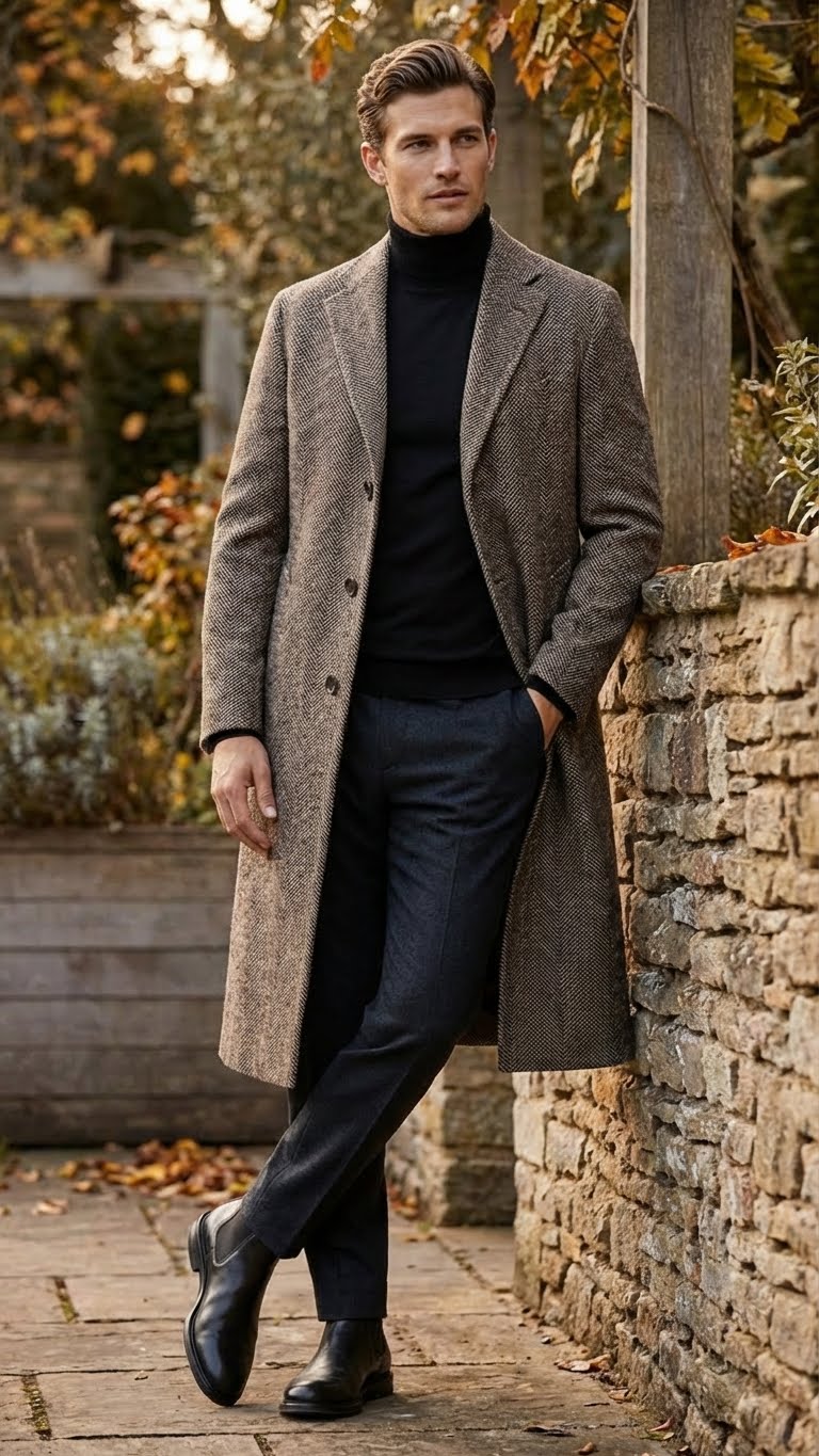 Mens Black & Grey  Herringbone Tweed Wool Blend Overcoat  Classic Single-Breasted Winter Blazer Carcoat