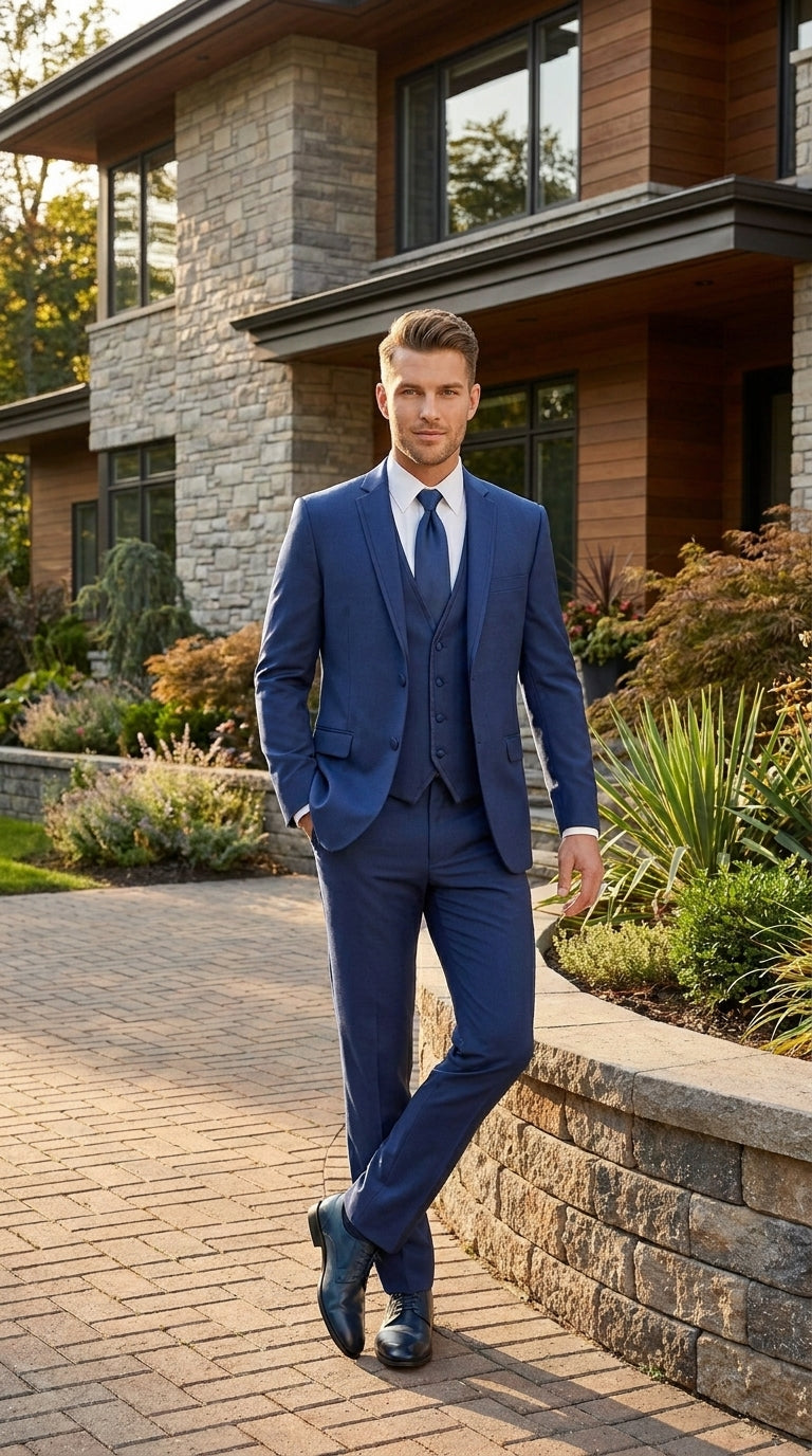 Men’s Blue 3 Piece Vested Tuxedo with 2 Button Jacket, Satin Trim and Matching Pants