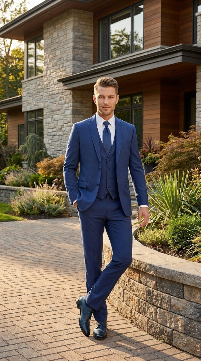 Men’s Blue 3 Piece Vested Tuxedo with 2 Button Jacket, Satin Trim and Matching Pants