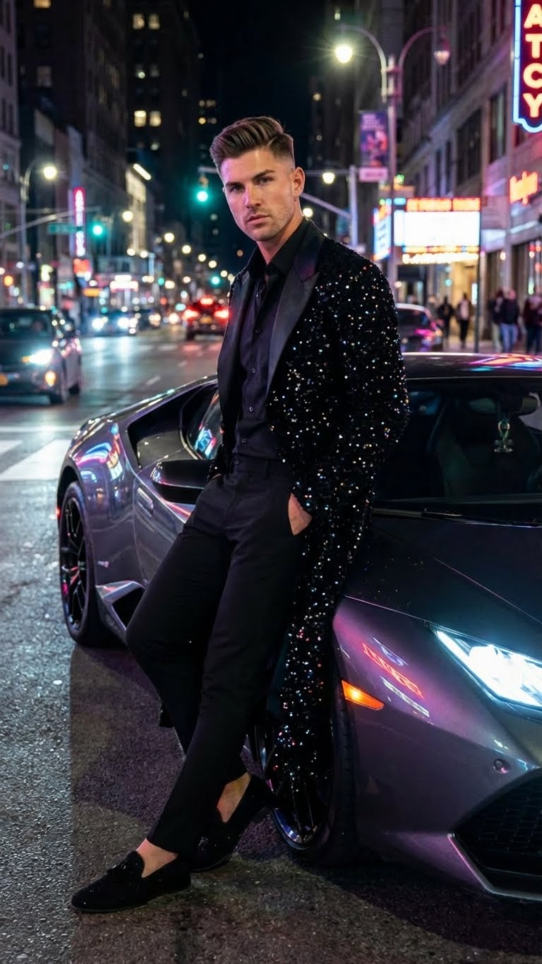 Mens Black Sequin Long Coat with Satin Shawl Lapel  Luxury Statement Evening Overcoat