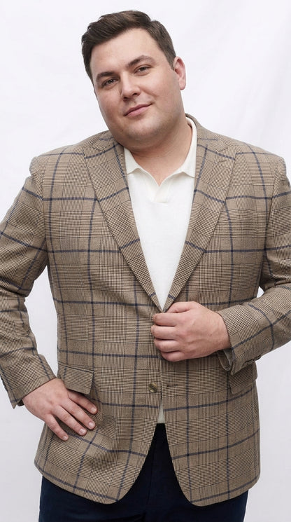 Men’s Tan Beige Peaky Blinders Glen Plaid Blazer English Style Textured Wool Winter Sport Coat Checkered Windowpane