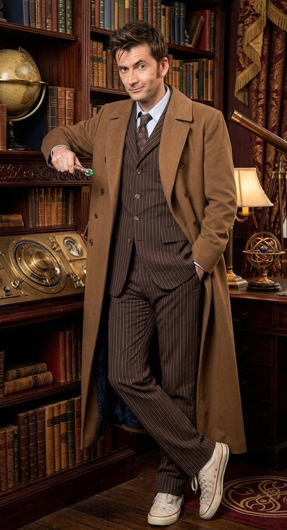 Men’s Brown Cotton Trench Coat Doctor Who 10th Doctor Inspired Long Coat – Classic Gabardina Style Overcoat, Vintage Winter Costume Jacket