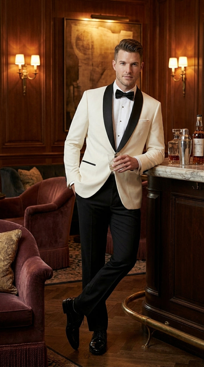 Men’s Ivory Dinner Jacket Blazer with Black Shawl Lapel, Formal Wedding Tuxedo Sport Coat