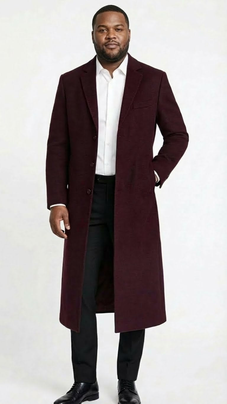 Mens Burgundy Long Coat  Classic Fit Wool Blend Overcoat - Topcoat Full length