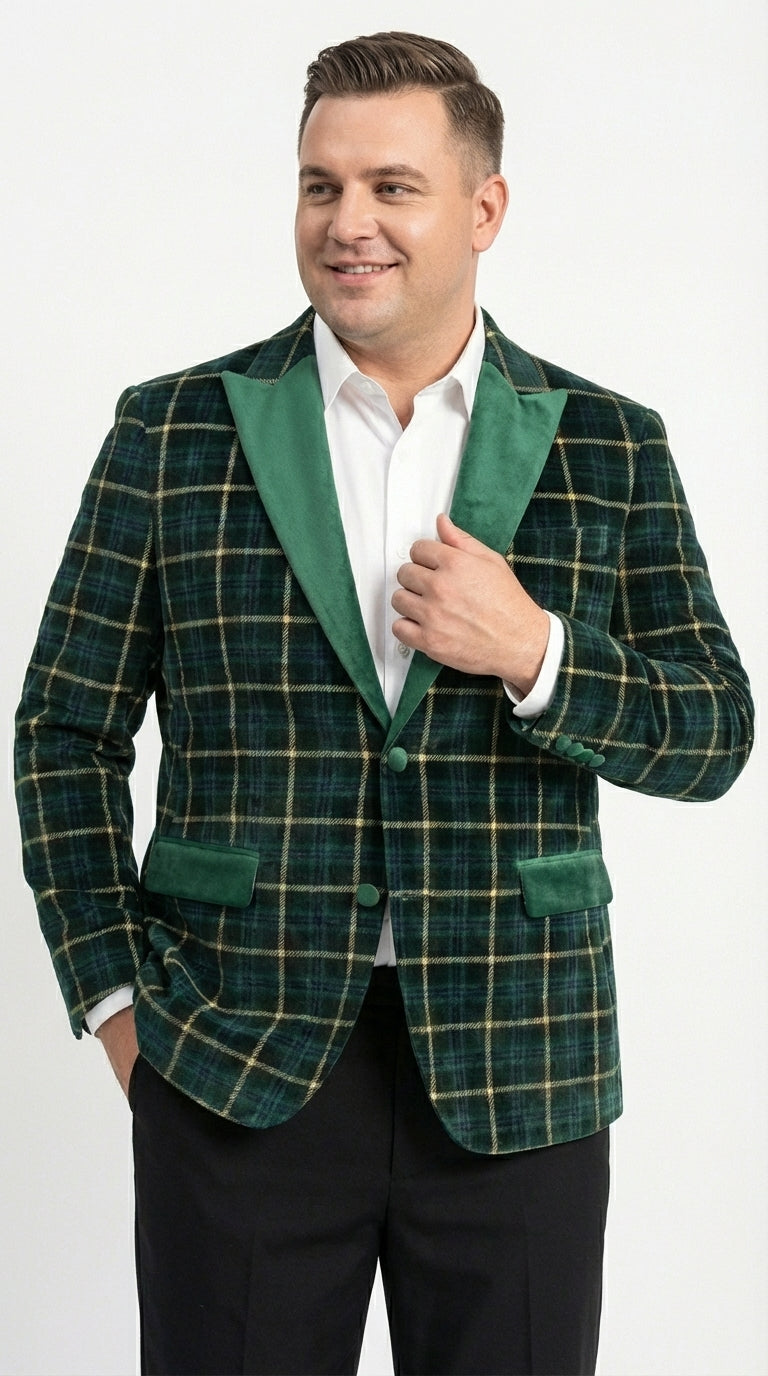 Mens Tartan Green and Gold Check Blazer – Windowpane Plaid Sport Coat Velvet Lapel Plaid Christmas Holiday New Year Jacket