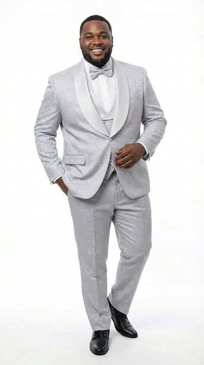 Mens Light Silver Wedding Tuxedo Suit – Paisley Fabric Three Piece Formal Suit Set with Shawl Lapel for Groom, Prom, Gala and ice Grey