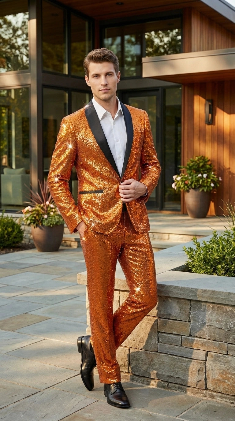 Mens Orange Sequin Tuxedo Suit – Shiny Wedding Suit Set with Black Lapel for Prom, Party, Gala and Formal Evening Wear - Goldish Orange