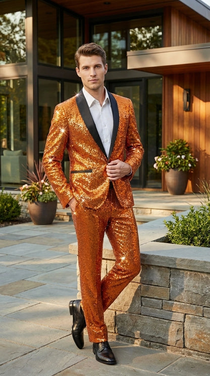 Mens Orange Sequin Tuxedo Suit – Shiny Wedding Suit Set with Black Lapel for Prom, Party, Gala and Formal Evening Wear - Goldish Orange