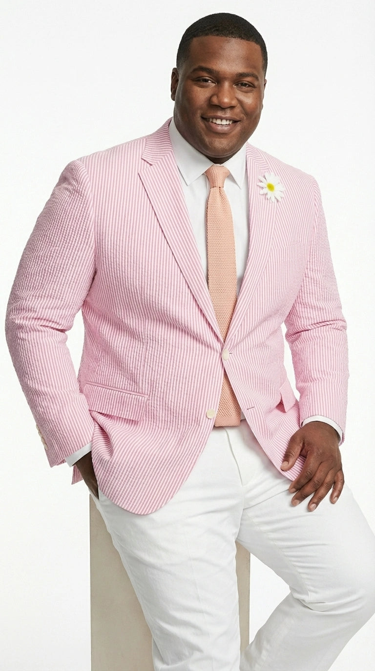 Men's Pink Seersucker Blazer – Lightweight Striped Summer Sport Coat Casual Smart Formal Jacket