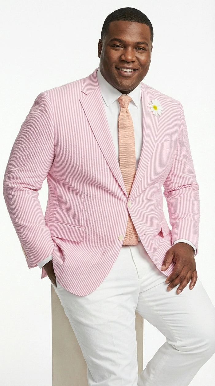 Men's Pink Seersucker Blazer – Lightweight Striped Summer Sport Coat Casual Smart Formal Jacket